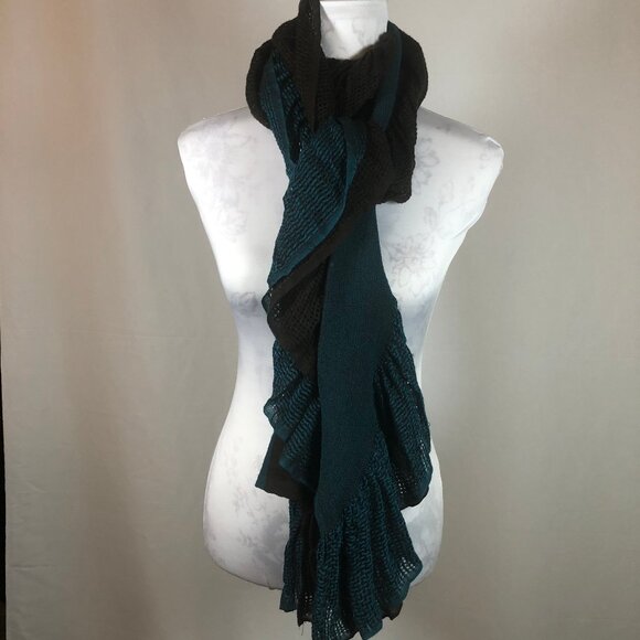 Teal & Black Ruffled Knit Artistic Scarf — Statement Layering Piece - Picture 4 of 13